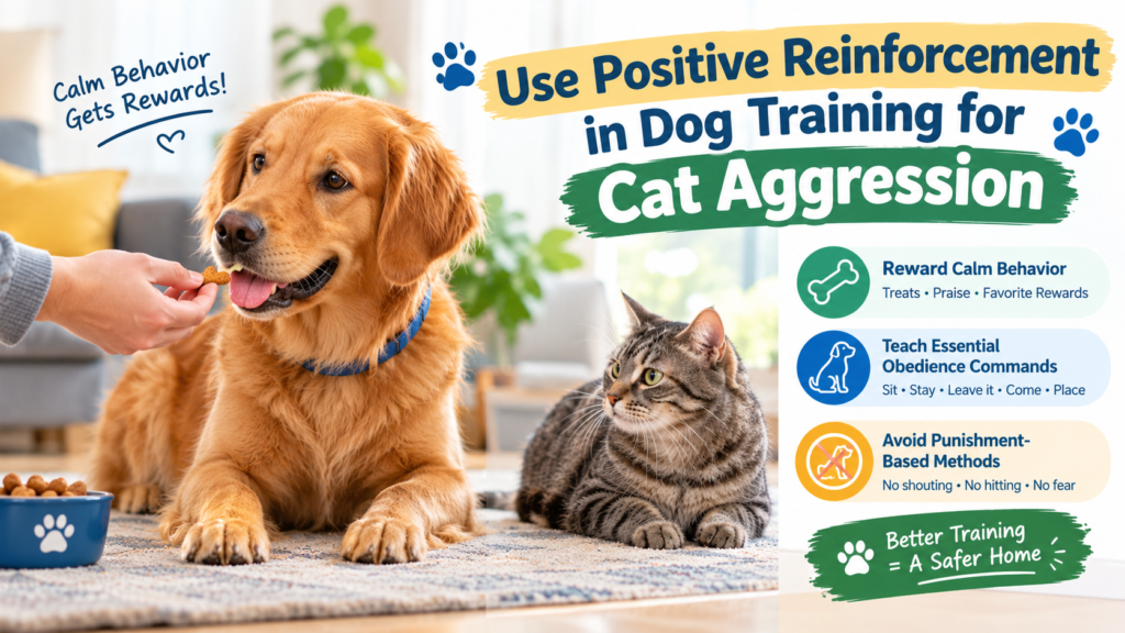 Use Positive Reinforcement in Dog Training for Cat Aggression, showing a golden retriever receiving a treat while a gray tabby cat sits calmly nearby.