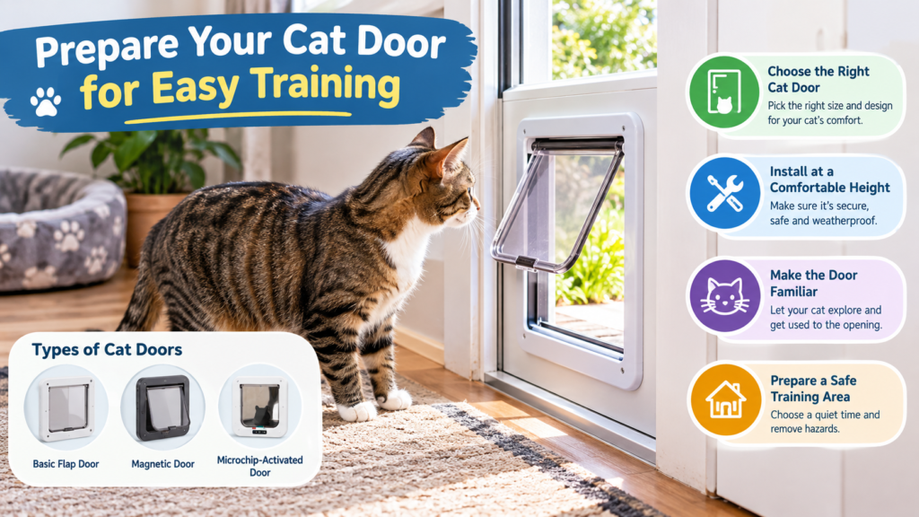 Tabby cat learning to pass through a cat door using treats and positive reinforcement.