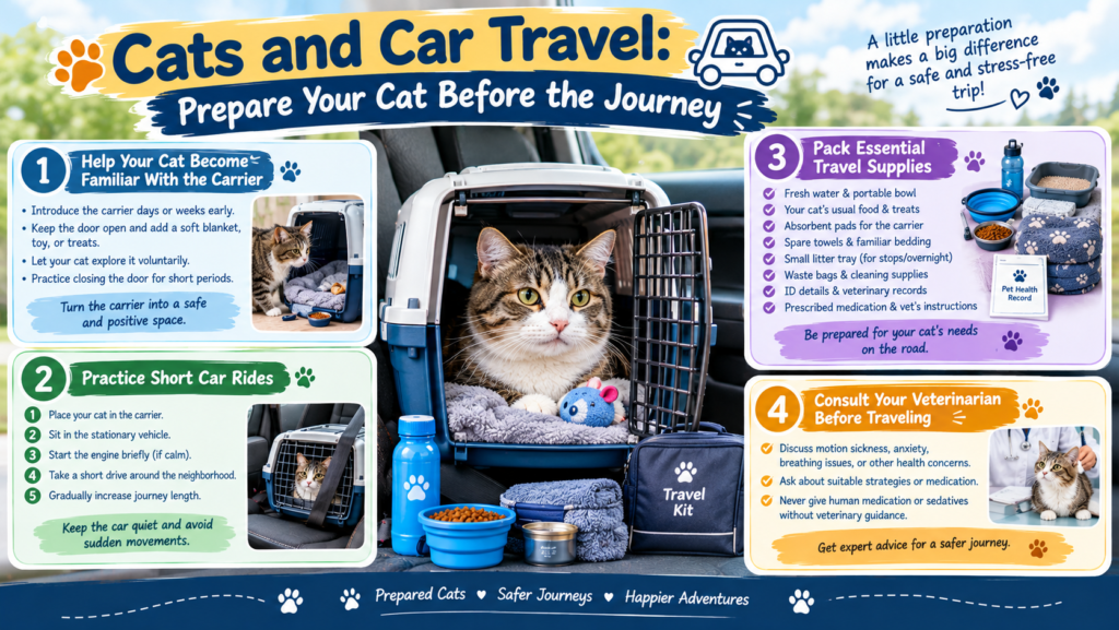 Cats and car travel infographic showing a tabby cat inside a secure carrier, with four preparation tips covering carrier training, short car rides, travel supplies, and veterinary advice.