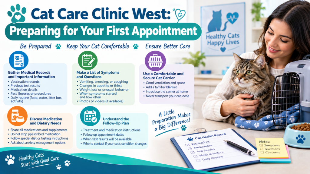Cat owner preparing for a first Cat Care Clinic West appointment with a cat carrier and medical records.