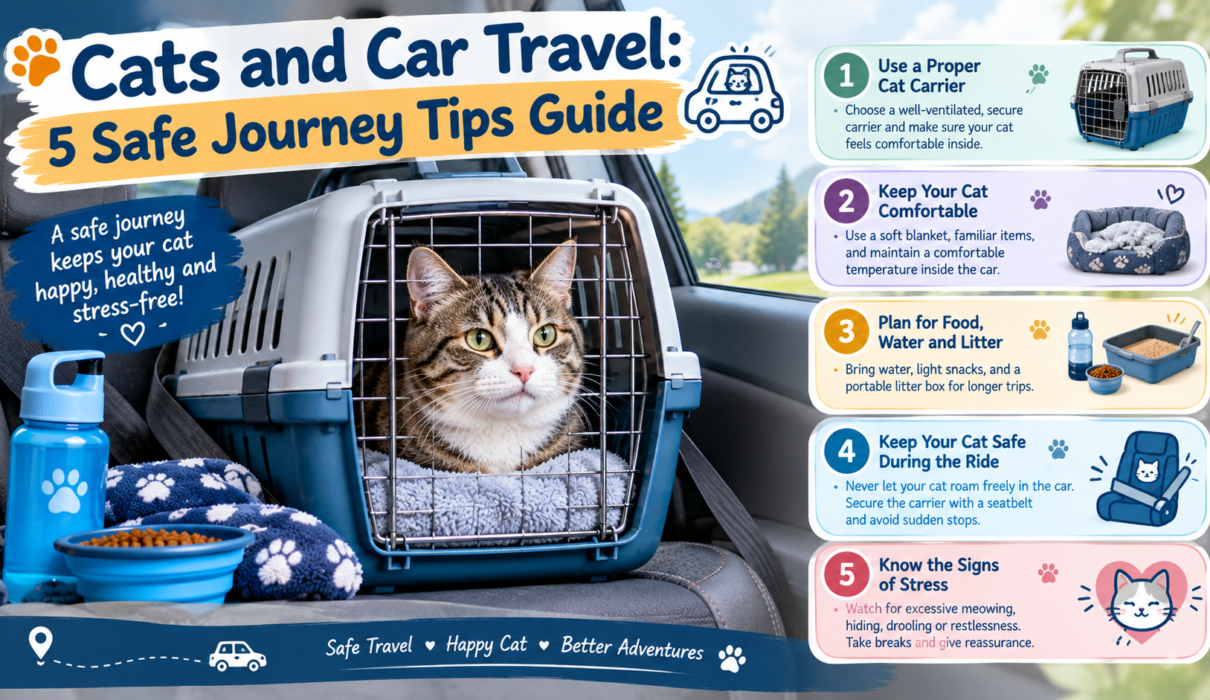 Cats and car travel infographic showing a tabby cat inside a secure carrier in a car, with five tips for safe, comfortable, and stress-free journeys.