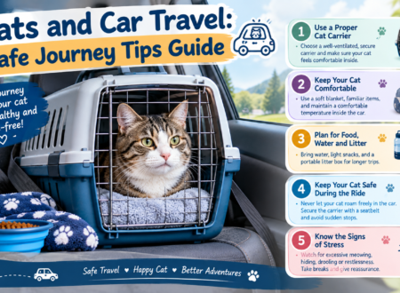 Cats and car travel infographic showing a tabby cat inside a secure carrier in a car, with five tips for safe, comfortable, and stress-free journeys.