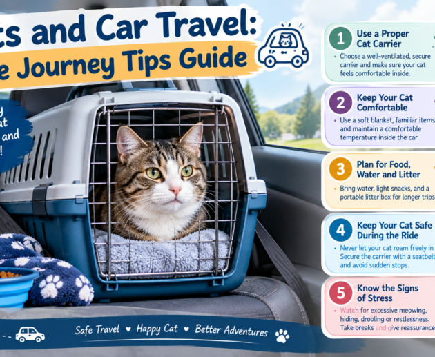 Cats and car travel infographic showing a tabby cat inside a secure carrier in a car, with five tips for safe, comfortable, and stress-free journeys.