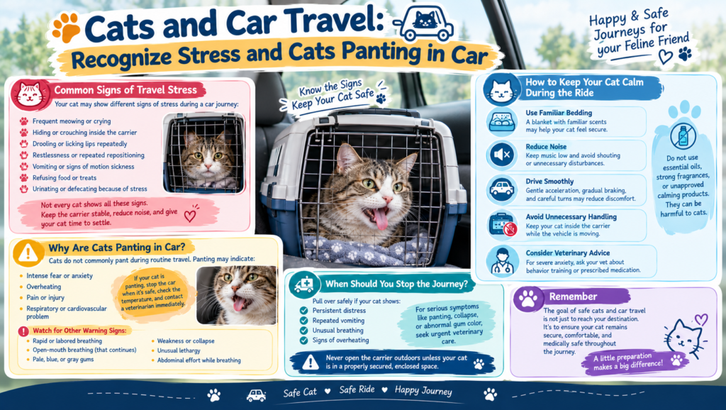 Cats and car travel infographic showing a tabby cat panting inside a carrier, with tips for recognizing travel stress, keeping cats calm, and identifying breathing problems that require veterinary attention.