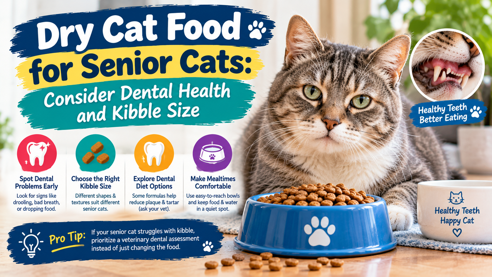 Dry cat food for senior cats featuring a senior tabby beside a bowl of kibble, with tips on dental health, kibble size, healthy teeth, and comfortable eating.