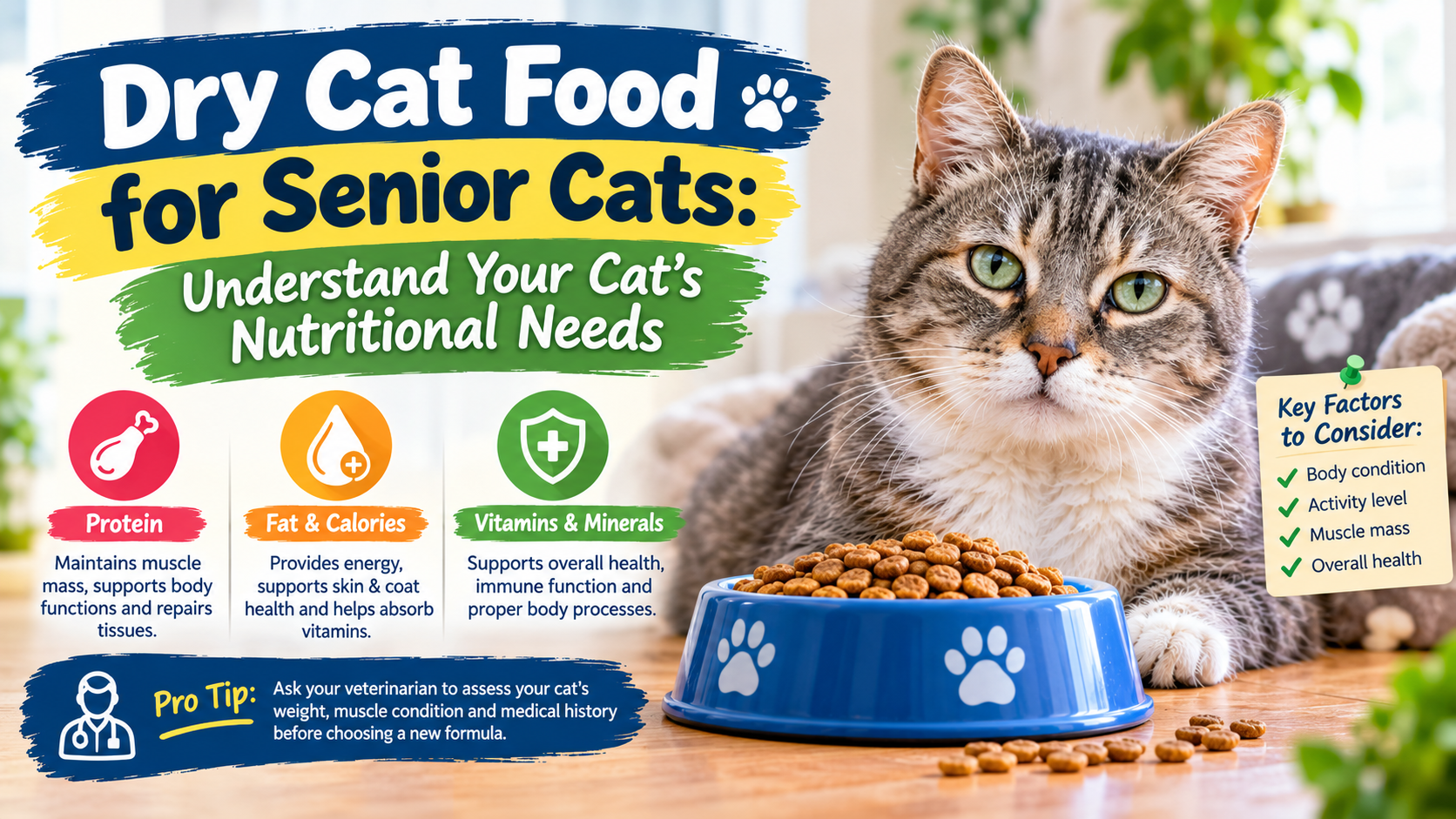 Dry cat food for senior cats featuring a senior tabby beside a bowl of kibble, highlighting protein, fats, calories, vitamins, minerals, and essential nutritional needs.