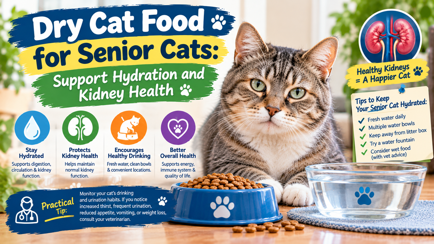 Dry cat food for senior cats featuring a senior tabby beside a bowl of kibble and fresh water, illustrating hydration tips and kidney health support.