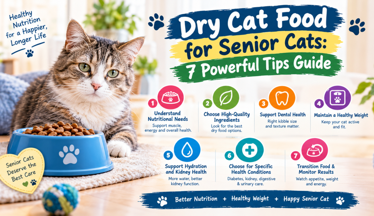 Dry cat food for senior cats with seven tips for nutrition, dental health, hydration, healthy weight, and aging cat care.