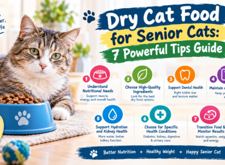 Dry cat food for senior cats with seven tips for nutrition, dental health, hydration, healthy weight, and aging cat care.