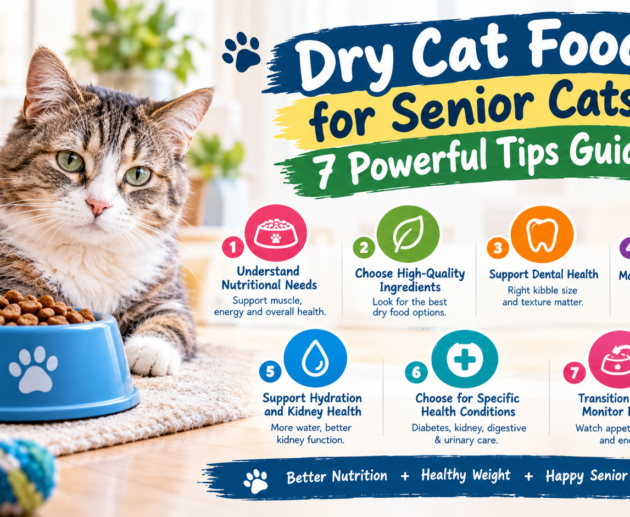 Dry cat food for senior cats with seven tips for nutrition, dental health, hydration, healthy weight, and aging cat care.