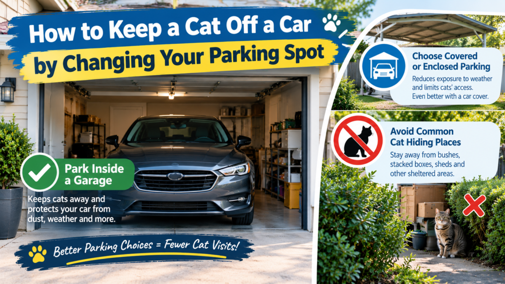 How to keep a cat off a car by changing your parking spot, featuring a car parked inside a garage and tips for covered parking and avoiding cat hiding places.