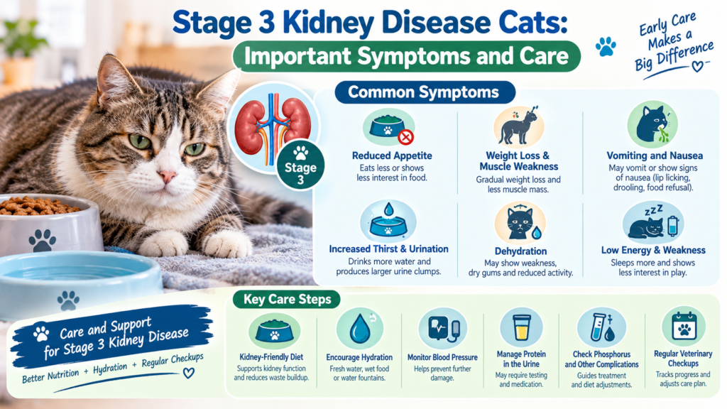 Stage 3 kidney disease in cats infographic showing common symptoms, including reduced appetite, weight loss, vomiting, increased thirst, dehydration, and treatment and care options