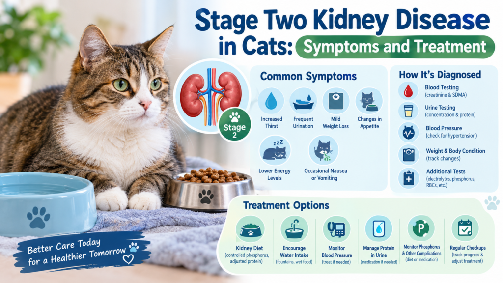 Cat with stage two kidney disease symptoms and treatment options, including kidney diet, hydration, diagnostic tests, and veterinary monitoring.