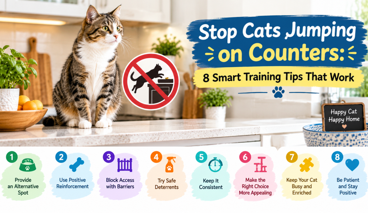 Stop cats jumping on counters infographic featuring a tabby cat in a kitchen and eight training tips, including positive reinforcement, barriers, safe deterrents, consistency, and patience.