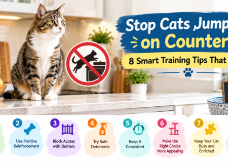 Stop cats jumping on counters infographic featuring a tabby cat in a kitchen and eight training tips, including positive reinforcement, barriers, safe deterrents, consistency, and patience.