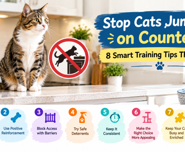 Stop cats jumping on counters infographic featuring a tabby cat in a kitchen and eight training tips, including positive reinforcement, barriers, safe deterrents, consistency, and patience.