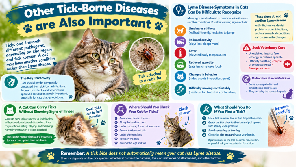 Other tick-borne diseases in cats, featuring a tabby cat, an attached tick, possible symptoms, tick-check locations, and safe tick removal tips.