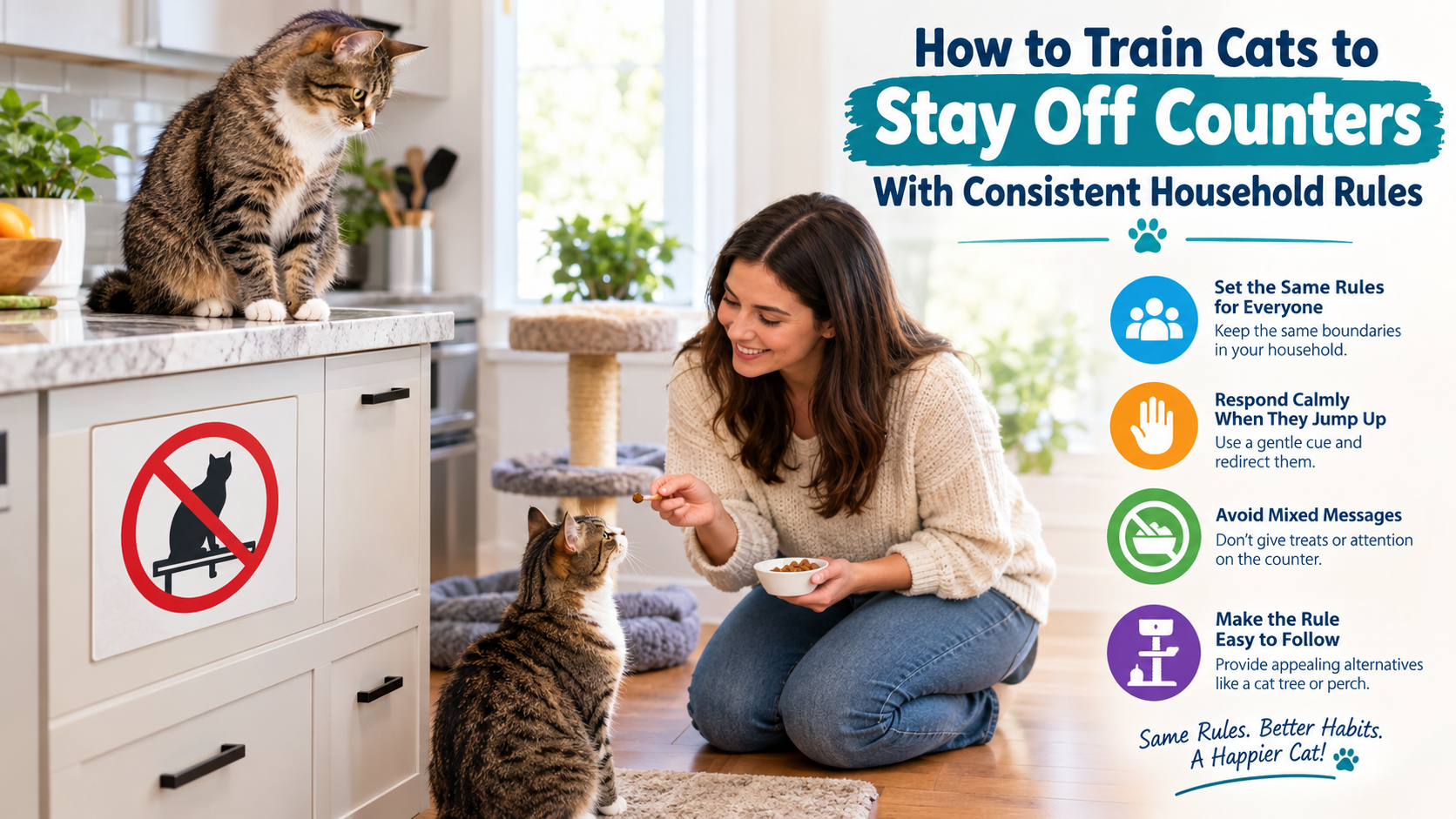 How to train cats to stay off counters with consistent household rules and positive reinforcement