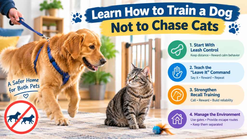 Learn How to Train a Dog Not to Chase Cats, featuring a golden retriever on a leash near a gray tabby cat with four essential dog training tips.