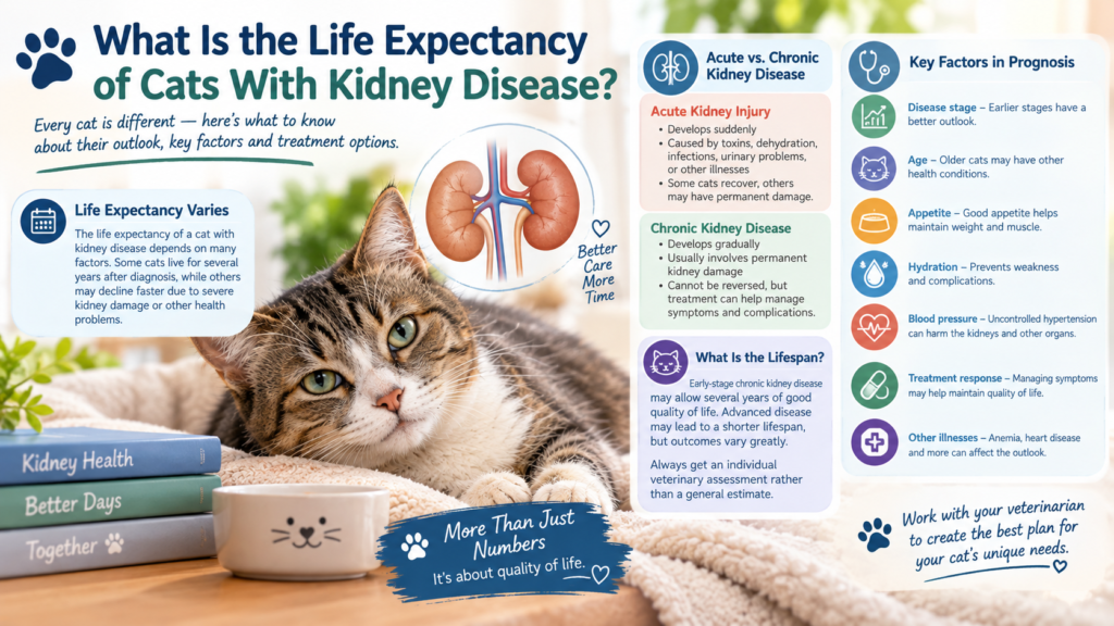 Life expectancy of cats with kidney disease, featuring a tabby cat resting beside a kidney health illustration and guidance on disease stages, prognosis, and treatment factors.