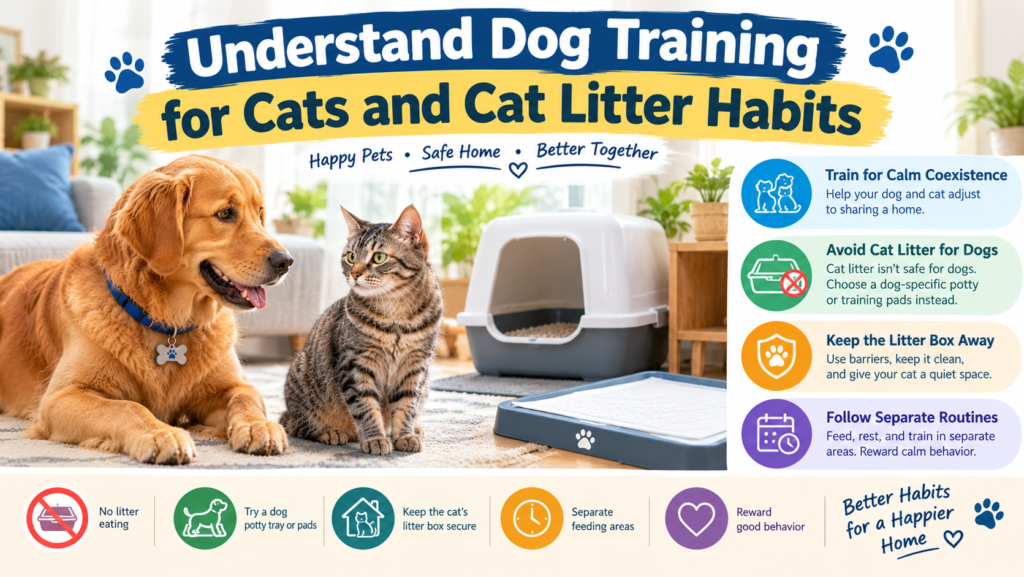 Understand Dog Training for Cats and Cat Litter Habits, featuring a golden retriever, a tabby cat, a covered cat litter box, and a dog potty tray in a living room.