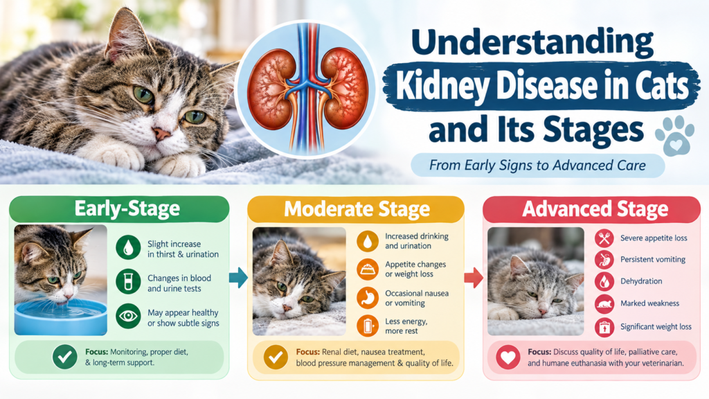 Understanding kidney disease in cats and its stages, showing early, moderate, and advanced symptoms with a cat and kidney illustration.