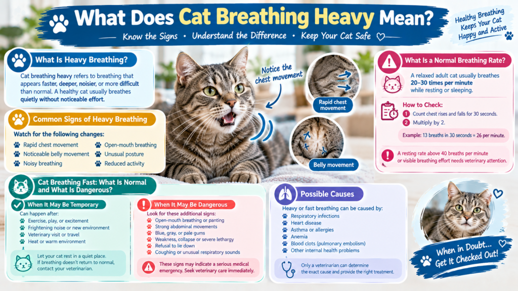 Cat breathing heavily with an open mouth, illustrating common symptoms, normal resting breathing rate, possible causes, and emergency warning signs in cats.