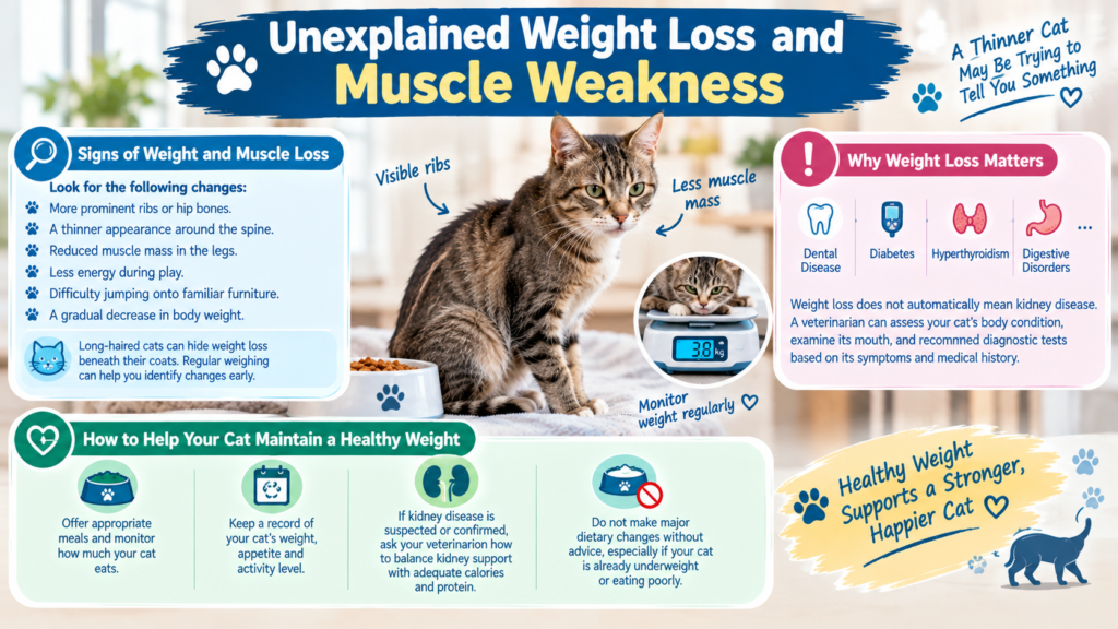 Cat showing signs of weight loss and muscle weakness, with an infographic explaining symptoms, possible causes, weight monitoring, and veterinary care.