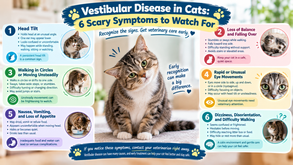 Vestibular disease in cats showing a tabby cat with a tilted head and six symptoms, including loss of balance, walking in circles, unusual eye movements, nausea, and disorientation.