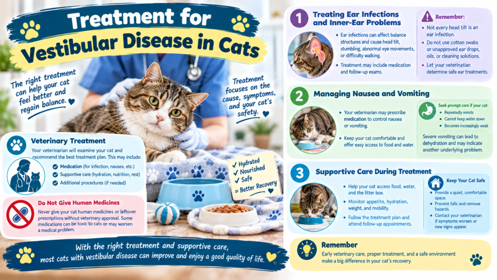 Treatment for vestibular disease in cats, showing a veterinarian examining a tabby cat and guidance on ear infections, nausea management, and supportive care.