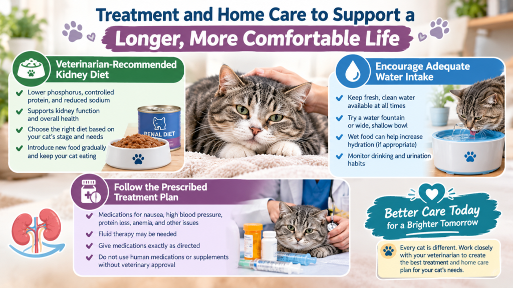 Treatment and home care for cats with kidney disease, including a renal diet, hydration, prescribed medication, and veterinary support.