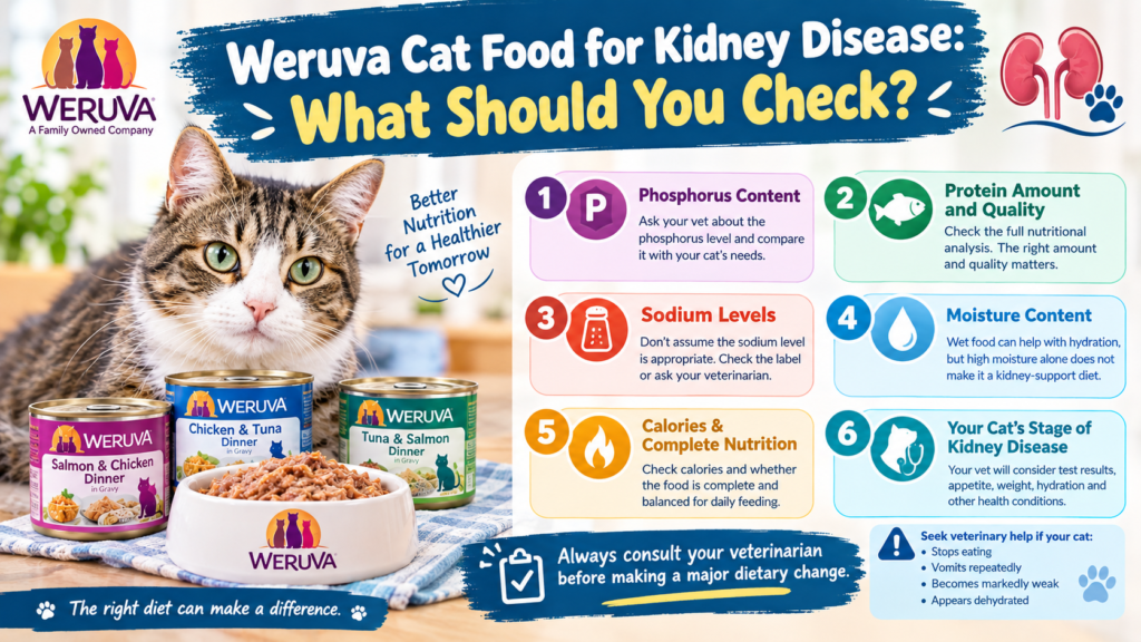 Weruva cat food for kidney disease infographic featuring a tabby cat, wet food cans, and six nutritional factors to check, including phosphorus, protein, sodium, moisture, calories, and kidney disease stage