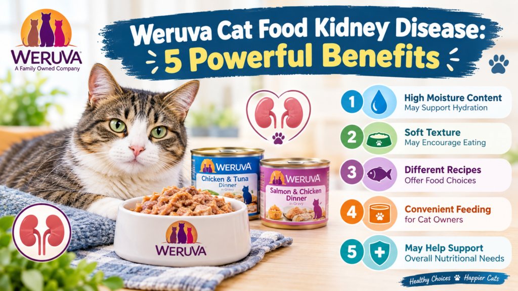 Weruva cat food kidney disease infographic showing a tabby cat, wet food cans, and five potential benefits, including hydration, soft texture, recipe variety, convenient feeding, and nutritional support.