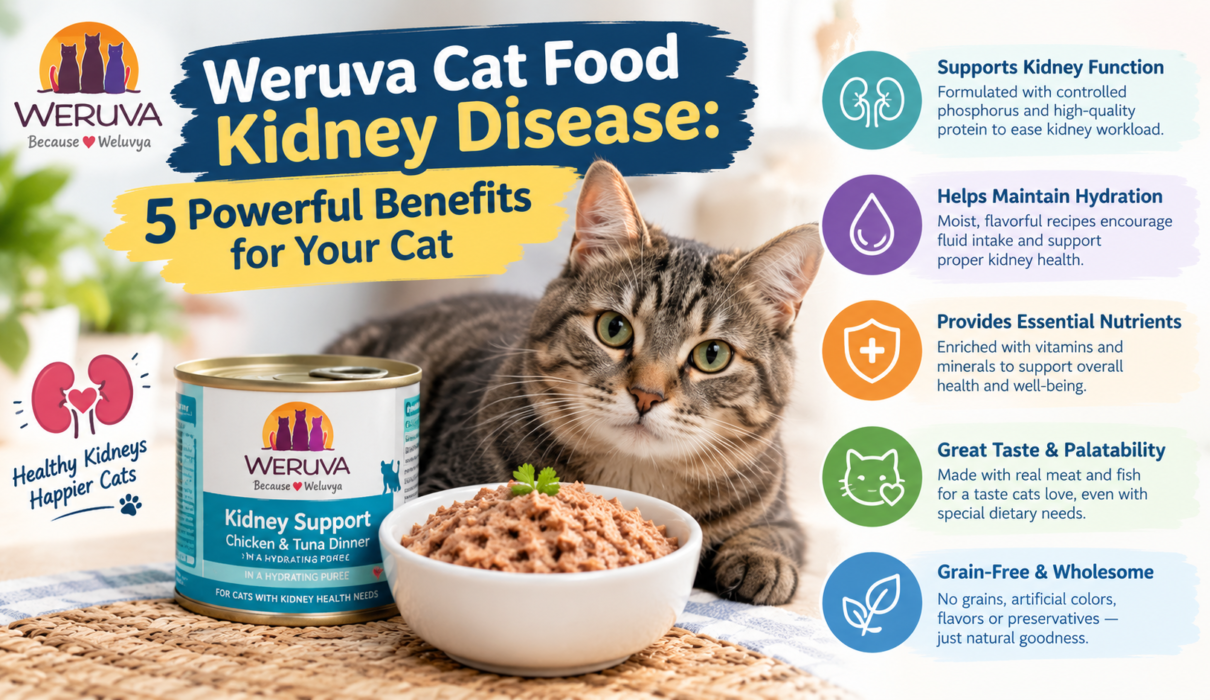 Weruva cat food for kidney disease featuring a tabby cat, wet cat food, and five potential benefits for feline kidney health.