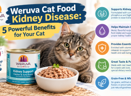 Weruva cat food for kidney disease featuring a tabby cat, wet cat food, and five potential benefits for feline kidney health.