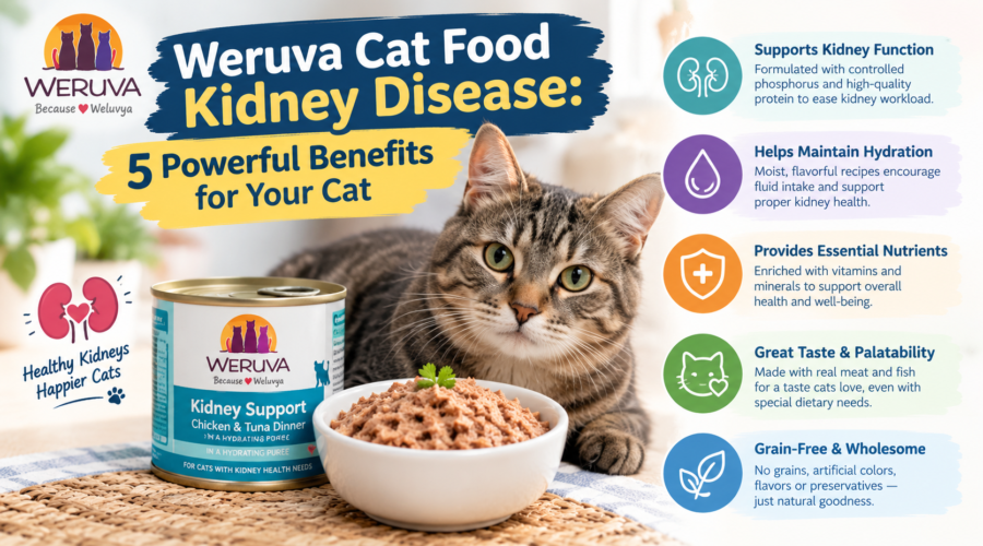 Weruva cat food for kidney disease featuring a tabby cat, wet cat food, and five potential benefits for feline kidney health.