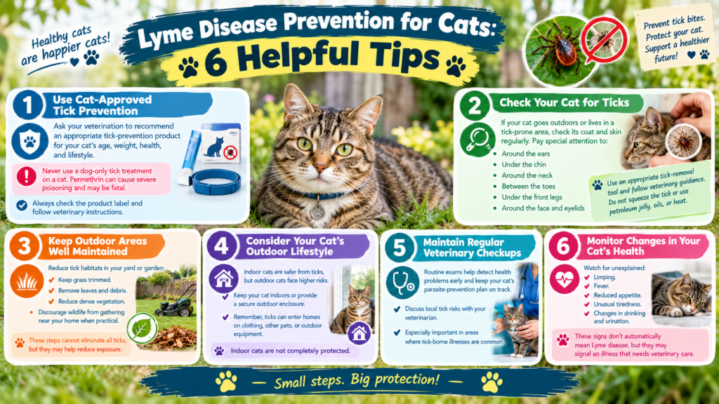 Lyme disease prevention for cats, featuring a tabby cat and six tips for tick prevention, regular tick checks, yard maintenance, outdoor safety, veterinary checkups, and symptom monitoring.